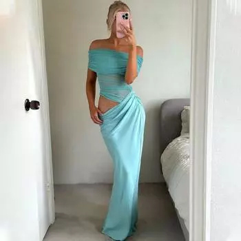 Женские весенние сексуальные сетчатые платья с одним лацканом, облегающие, однотонные, плиссированные платья S синий