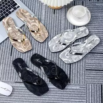 Женские весенние шлепанцы с квадратным носком, уличные тапочки, летние повседневные пляжные сандалии с плоским дном и принтом, размеры 36-43 36 чёрный