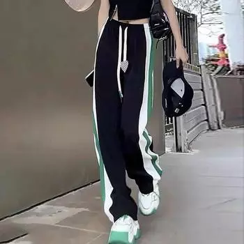 Женские весенние свободные брюки в стиле ретро на шнуровке, повседневные бегуны, мешковатые спортивные штаны с широкими штанинами, спортивные штаны в полоску с высокой талией Y2k, женские M синий
