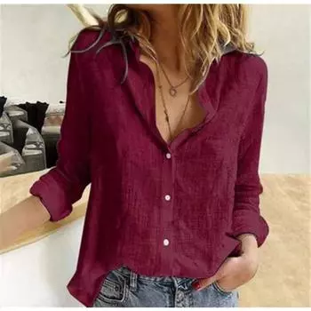 Женские весенние топы, летняя свободная блузка, белое, винно-красное, сплошной цвет, рубашка с длинным рукавом и пуговицами с лацканами, большие размеры S синий