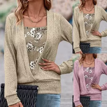 Женские весенние топы. Модные женские свободные вязаные топы из двух частей с v-образным вырезом и длинными рукавами. L хаки