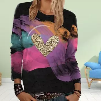 Женские весенние топы с красочным принтом «Любовь» Повседневная футболка с длинным рукавом Топ Блузка XS разноцветный