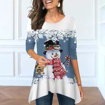 Женские весенние топы с круглым вырезом и принтом снеговика, модные футболки с длинными рукавами и неровным подолом XS синий