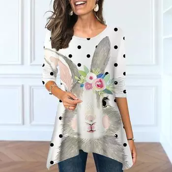 Женские весенние топы с круглым вырезом и принтом длинноухого кролика, модные футболки с длинными рукавами и неровным подолом XS розовый