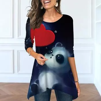 Женские весенние топы с круглым вырезом и принтом «Любовь и панда», модные футболки с длинными рукавами и неровным подолом XS синий