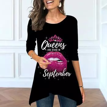 Женские весенние топы с круглым вырезом и принтом огненно-красных губ, модные футболки с длинными рукавами и неровным подолом XS чёрный