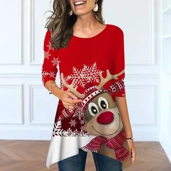 Женские весенние топы с круглым вырезом и принтом лося и оленя, модные футболки с длинными рукавами и неровным подолом XS красный