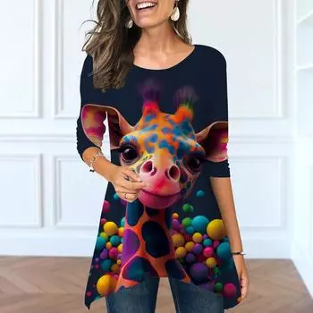 Женские весенние топы с круглым вырезом и принтом жирафа, модные футболки с длинными рукавами и неровным подолом XS темно-синий