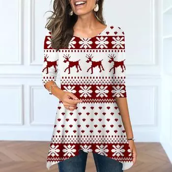 Женские весенние топы с круглым вырезом и ретро-принтом, модные футболки с длинными рукавами и неровным подолом XS красный