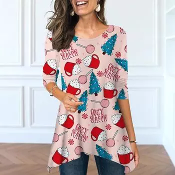 Женские весенние топы с круглым вырезом и принтом в виде цветной рождественской елки, модные футболки с длинными рукавами и неровным подолом XS розовый