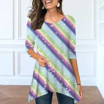 Женские весенние топы с круглым вырезом и разноцветными полосками, модные футболки с длинными рукавами и неровным подолом XS синий