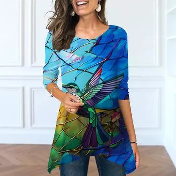Женские весенние топы с круглым вырезом и принтом «сорока», модные футболки с длинными рукавами и неровным подолом XS синий