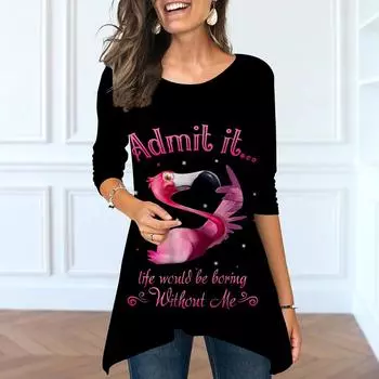 Женские весенние топы с круглым вырезом и принтом в виде красного журавля, модные футболки с длинными рукавами и неровным подолом XS розовый