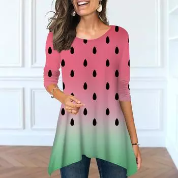 Женские весенние топы с круглым вырезом и принтом арбуза, модные футболки с длинными рукавами и неровным подолом XS жёлтый