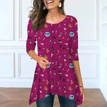 Женские весенние топы с круглым вырезом и принтом звезд, модные футболки с длинными рукавами и неровным подолом XS розовый