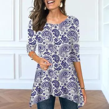 Женские весенние топы с круглым вырезом и принтом кешью, модные футболки с длинными рукавами и неровным подолом XS темно-синий