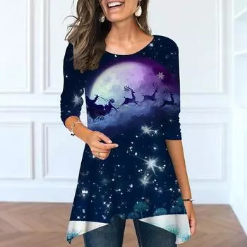 Женские весенние топы с круглым вырезом и принтом Санта-Клауса, модные футболки с длинными рукавами и неровным подолом XS темно-синий