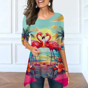 Женские весенние топы с круглым вырезом и принтом птиц, модные футболки с длинными рукавами и неровным подолом XS синий