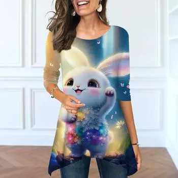 Женские весенние топы с круглым вырезом и принтом кролика и эльфа, модные футболки с длинными рукавами и неровным подолом XS синий