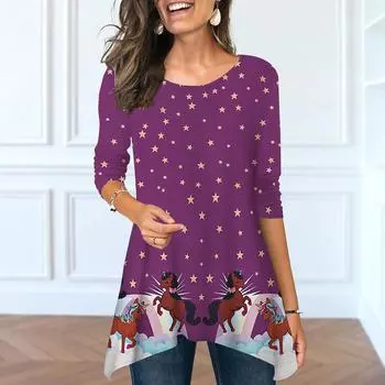 Женские весенние топы с круглым вырезом и принтом пятиконечной звезды, модные футболки с длинными рукавами и неровным подолом XS темно-синий