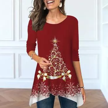 Женские весенние топы с круглым вырезом и принтом в виде золотой рождественской елки, модные футболки с длинными рукавами и неровным подолом XS красный