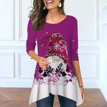 Женские весенние топы с круглым вырезом и принтом горного лося, модные футболки с длинными рукавами и неровным подолом XS фиолетовый