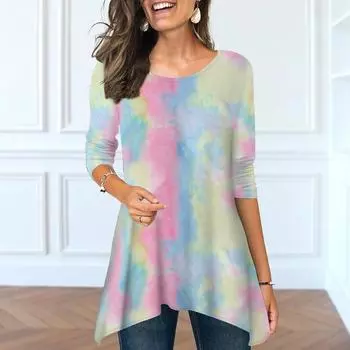 Женские весенние топы с круглым вырезом, розовые, с принтом тай-дай, модные, с длинными рукавами, неровным подолом, футболки XS розовый
