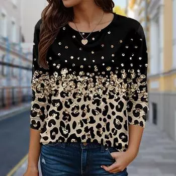 Женские весенние топы с леопардовым принтом, повседневная футболка с длинным рукавом, топ, блузка XS синий