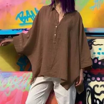 Женские весенние топы с рукавами «летучая мышь» большого размера, неровным низом, с мягкой застежкой на пуговицы, рукавами «летучая мышь», повседневная женская одежда M-3XL 3XL коричневый