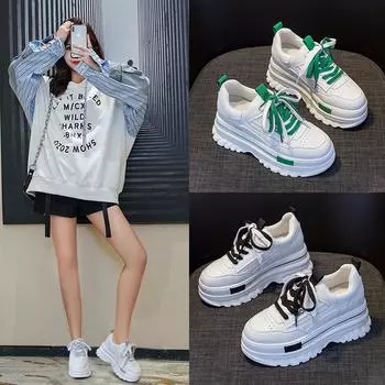 Женские весенние туфли 2024 года на толстой подошве из кожи на платформе: Дышащие повседневные кроссовки Dad Sneakers белого цвета, визуально увеличивающие рост M2239, 35 серый