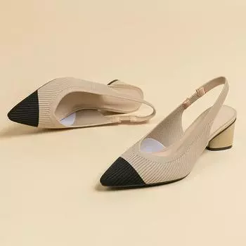 Женские весенние туфли большого размера с острым носком на толстом высоком каблуке, повседневные, с закрытым носком, однотонные, с пряжкой, вязаные сандалии, размеры 34-43 34 чёрный/абрикосовый