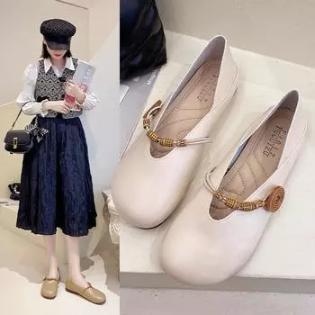 Женские весенние туфли Doudou в простом стиле с плоской подошвой и мелкой пряжкой на ремне, бабушкины туфли в стиле ретро с мягкой подошвой 35 бежевый