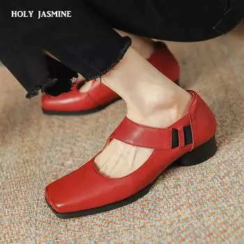 Женские весенние туфли из натуральной кожи с квадратным носком 2024 года, новые весенние туфли на высоком каблуке для женщин, рабочая обувь для вечеринок, женские туфли на каблуках 34 красный