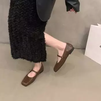 Женские весенние туфли Мэри Джейн с квадратным носком и плоской подошвой, молодежные однотонные туфли из искусственной кожи с закрытым носком, французские туфли 40 чёрный