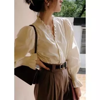 Женские весенние универсальные рубашки с v-образным вырезом, стильный корейский стиль, дизайн в стиле ретро, удобные, элегантные, повседневные, модные, с оборками, новый шикарный, нежный S бежевый
