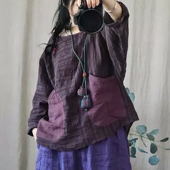 Женские весенние винтажные льняные футболки, свободные лоскутные футболки в полоску с карманами и круглым вырезом, футболки с длинными рукавами