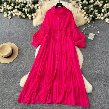 Женские весенние винтажные свободные платья женские с рукавами-фонариками и отложным воротником однобортные повседневные складчатые длинные платья one size хаки