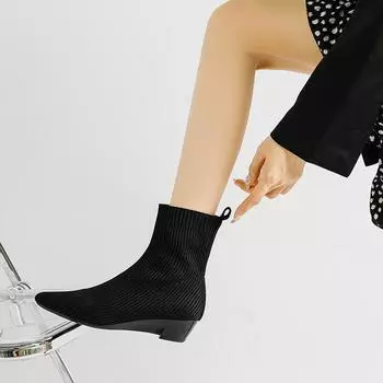 Женские весенние вязаные цветные заостренные ботинки с острым носком, повседневные, с покатым каблуком, эластичные, короткие, ботинки Martin, туфли для рыцарей, размеры 34-40 34 чёрный