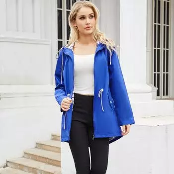 Женские ветровки с капюшоном. Водоотталкивающая ветровка в полоску с кулиской. Длинные рукава. Большой свободный плащ. Молния средней длины. Ветрозащитные куртки. S розовый