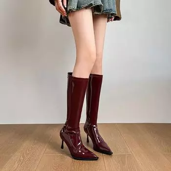 Женские винно-красные сапоги на шпильке с острым носком, облегающий крой, обхват икры, весна и осень 2024 года. 39 кларет