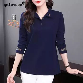 Женские винтажные элегантные футболки с воротником-поло с вышивкой, весенне-осенние корейские модные повседневные свободные топы с длинными рукавами, Ropa De Mujer XXL чёрный