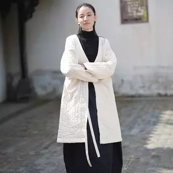 Женские винтажные бандажные пальто с V-образным вырезом и длинным рукавом, однотонные зимние теплые пальто One Size бежевый