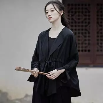 Женские винтажные бандажные рубашки Johnature, топы с отложным воротником и длинными рукавами, осенние однотонные женские рубашки One Size чёрный