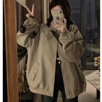 Женские винтажные бейсбольные куртки, свободная куртка на молнии, повседневные топы, верхняя одежда S чёрный