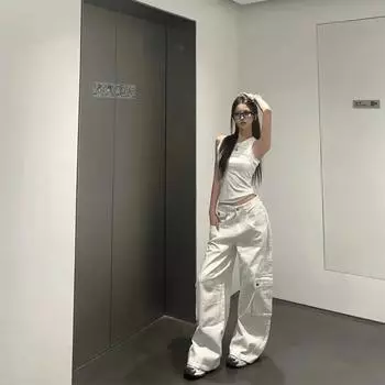 Женские винтажные белые джинсы-карго с боковым карманом-бойфрендом, свободные широкие прямые повседневные джинсовые брюки @ harajuku streetwear y2k XS белый