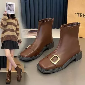 Женские винтажные ботильоны, повседневные туфли с квадратным носком для женщин, короткие ботинки на платформе с молнией сзади из искусственной кожи, без застежек, на толстом блочном каблуке 35 чёрный