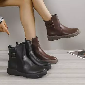 Женские винтажные ботильоны, повседневные женские ботильоны с круглым носком, короткие ботинки на платформе с боковой молнией, мотоциклетные ботинки без шнуровки из искусственной кожи 35 коричневый