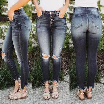 Женские винтажные брюки, эластичные рваные джинсы на пуговицах, женские тонкие джинсовые брюки со средней талией, модные эластичные брюки-карандаш с карманами S светло-синий