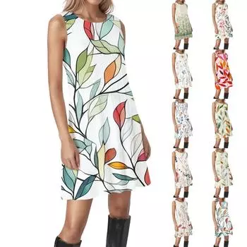 Женские винтажные цветочные повседневные платья без рукавов с круглым вырезом и текстурой XXL