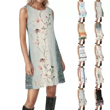 Женские винтажные цветочные повседневные платья без рукавов с круглым вырезом и текстурой S